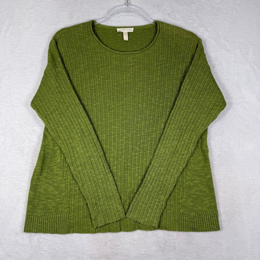Eileen Fisher Organic Linen Cotton Ribbed Knit Sweater Green S/P Pullover